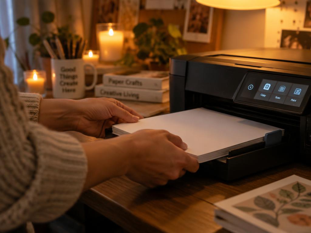 Hands loading a stack of white card stock into a home printer in warm lamp light