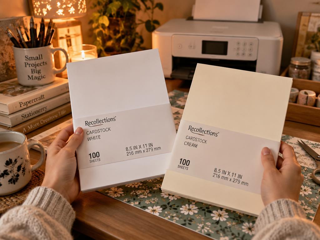 Hands holding two packs of 8.5 x 11 card stock in white and cream above a craft table