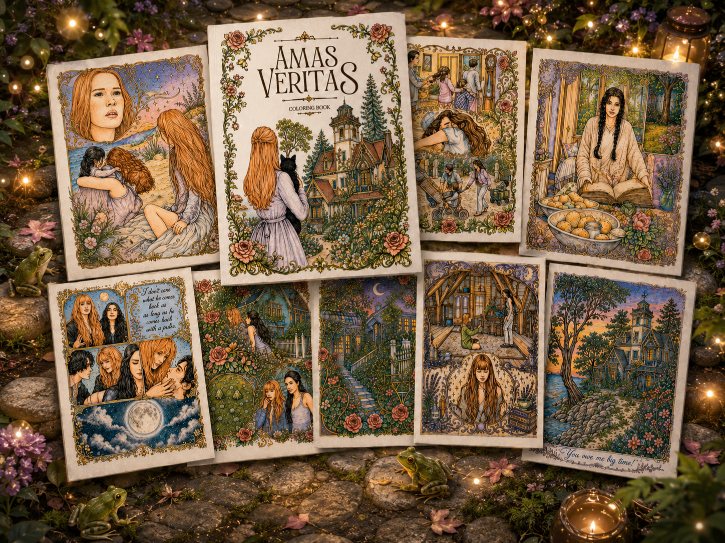 Amas Veritas coloring book pages spread across candlelit stones, showing scenes of sisterhood, magic, and the Owens family home