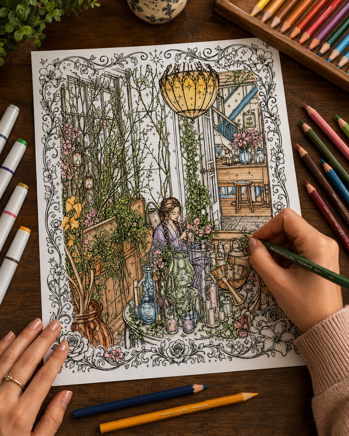 A detailed botanical apothecary coloring page with an ornate floral border, hanging lanterns, and a woman among herbs and glass bottles