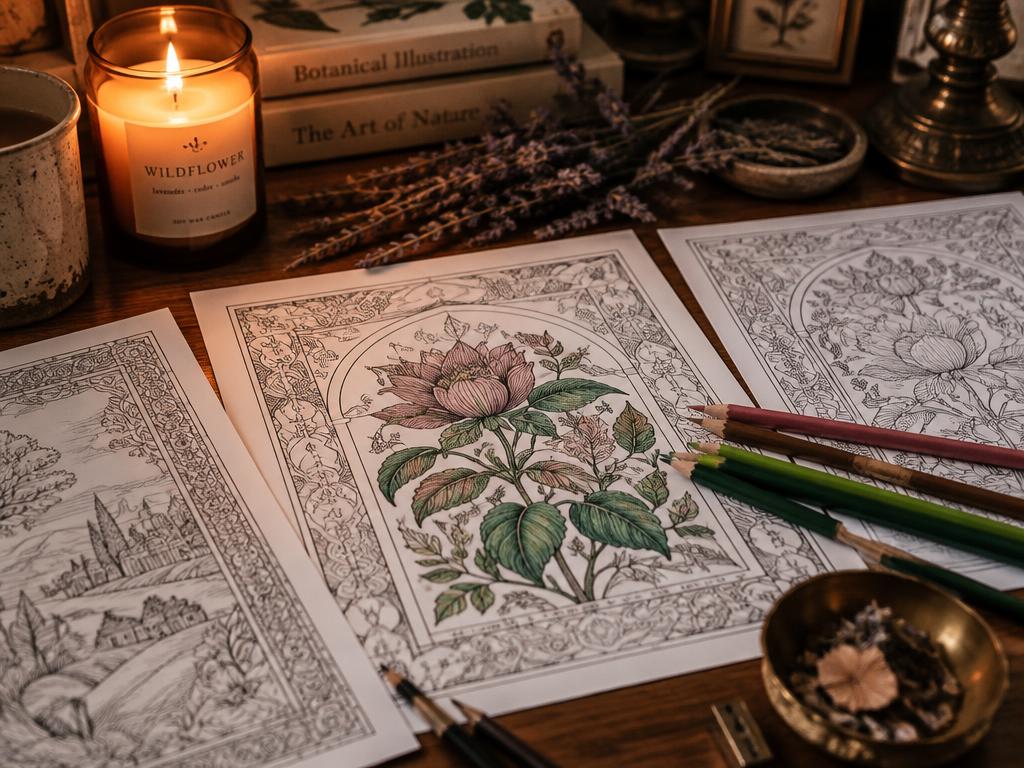 Printed botanical coloring pages spread across a wooden table with colored pencils and a lit candle