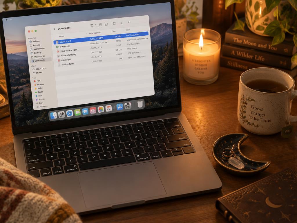 A laptop on a candlelit desk showing a downloads folder with the Amas Veritas PDF file